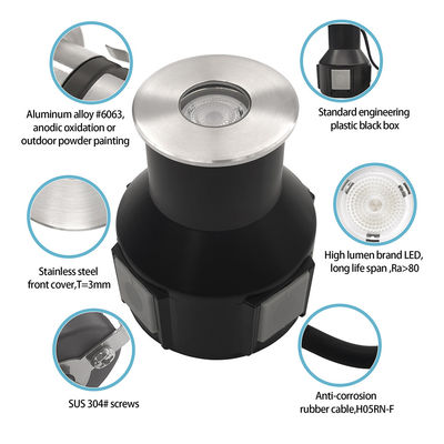 Ingebouwd IP67 ondergrondse licht laagspanning 1W 3W 3000K DC24v Ronde vierkantvorm met frontdek van roestvrij staal