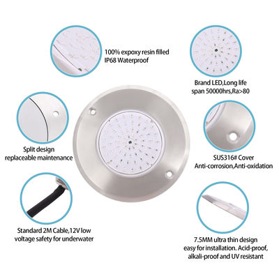 LED zwembadverlichting IP68 Wit/warm Wit 316 roestvrij staal cover 6W SMD 2835 63Pcs