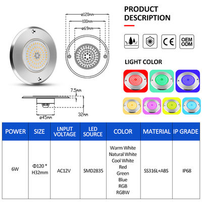 RGB Ultra Slim IP68 zwembadverlichting LED SS316L behuizing geïntegreerd type SMD2835 6w Onderwater waterdicht licht