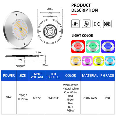 LED ondergrondse zwembadlamp DIA160MM*32MM AC12V 316 roestvrij staal met RGB-controller