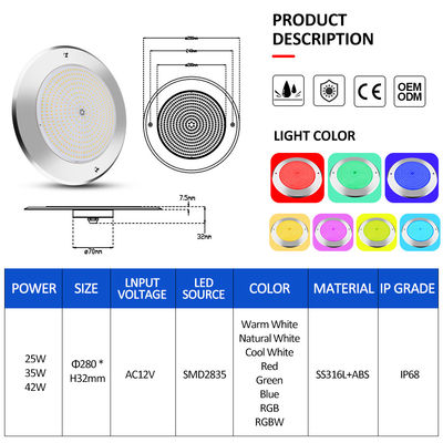 Onderwater Led zwembadverlichting 316 roestvrij staal 25W Smd2835 Hars gevuld 3000K RGB zwembadlamp SMD 2835 AC 12v IP68 Volledig waterdicht