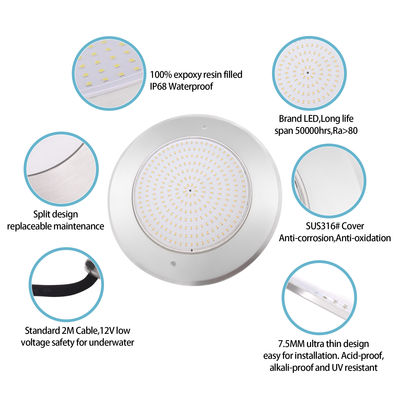 Waterdicht PAR56 LED zwembad licht 316 SS ABS behuizing Ultra Thin 7.5mm Hars gevulde muur gemonteerd 230MM 18W 25W DC AC12V