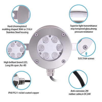 DMX512-bestuurbaar LED Fonteinlamp DC24V 12W 3000K Roestvrij Staal IP68 Voor Landschap Onderwater