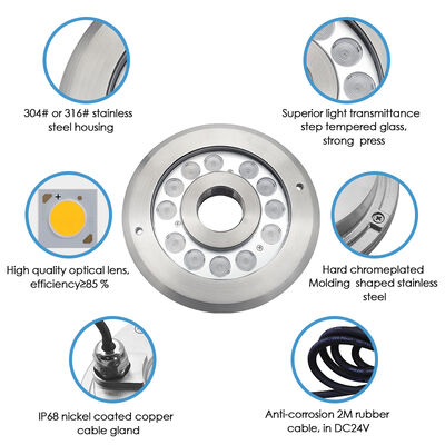 LED Fountain Light DMX 512 Recessed Mounted IP68 12W 24W RGB Stainless Steel Water Jet