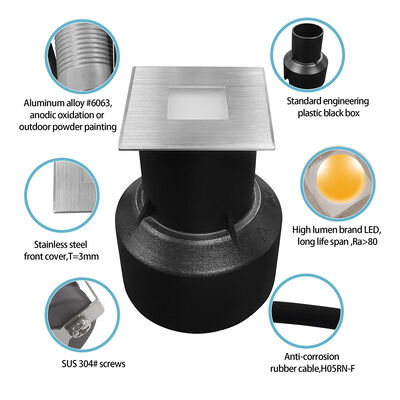 LED Ondergrondse Lampen 3W Vierkante Vorm 304 of 316 Roestvrij Staal 45*45MM Frame Aluminium Gegoten Behuizing