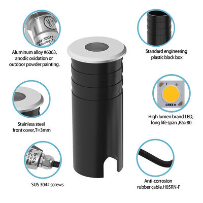 LED Uplight 316 Roestvrij staal Hoofd Aluminium Lamp lichaam Gehard glas IP67 1W Warm Wit 3000K