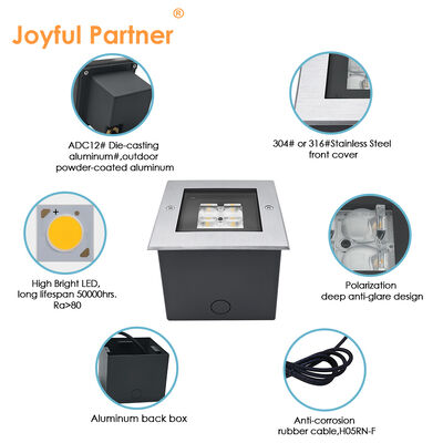 Vierkante LED ondergrondse lichten 24V 8W 3000K 316 roestvrij staal gevelplaat met ABS mouw